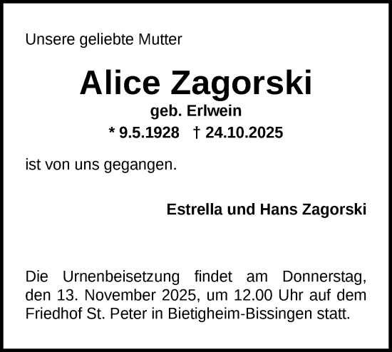 Traueranzeige von Alice Zagorski von Bietigheimer Zeitung