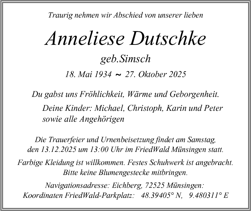  Traueranzeige für Anneliese Dutschke vom 15.11.2025 aus Bietigheimer Zeitung