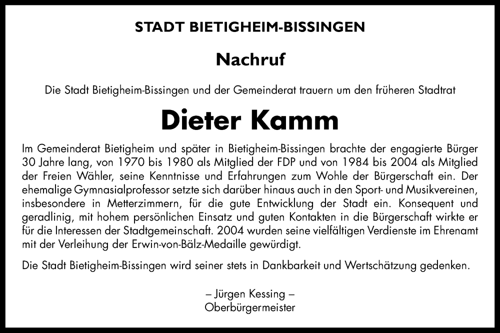  Traueranzeige für Dieter Kamm vom 27.11.2025 aus Bietigheimer Zeitung