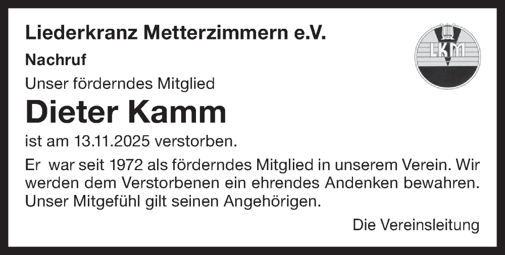  Traueranzeige für Dieter Kamm vom 29.11.2025 aus Bietigheimer Zeitung