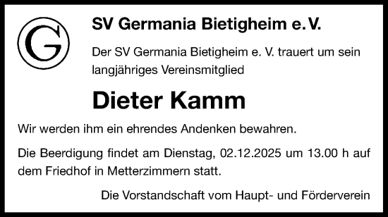 Traueranzeige von Dieter Kamm von Bietigheimer Zeitung