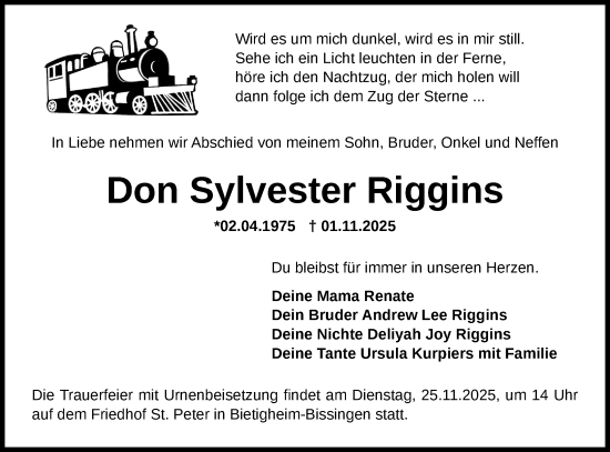 Traueranzeige von Don Sylvester Riggins von Bietigheimer Zeitung