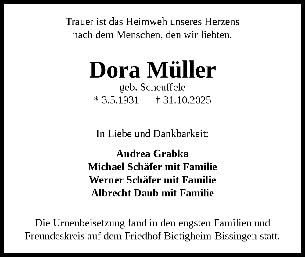  Traueranzeige für Dora Müller vom 25.11.2025 aus Bietigheimer Zeitung