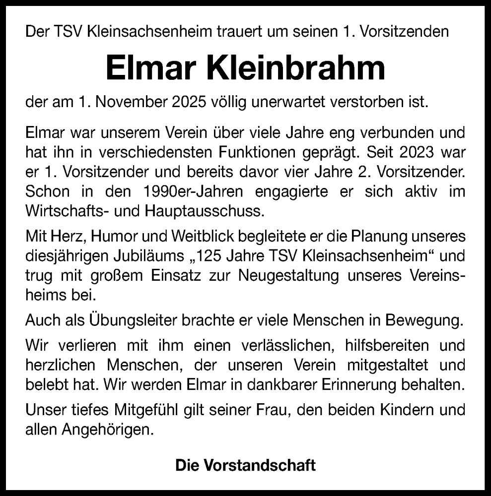  Traueranzeige für Elmar Kleinbrahm vom 14.11.2025 aus Bietigheimer Zeitung