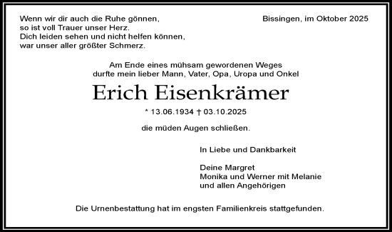 Traueranzeige von Erich Eisenkrämer von Bietigheimer Zeitung
