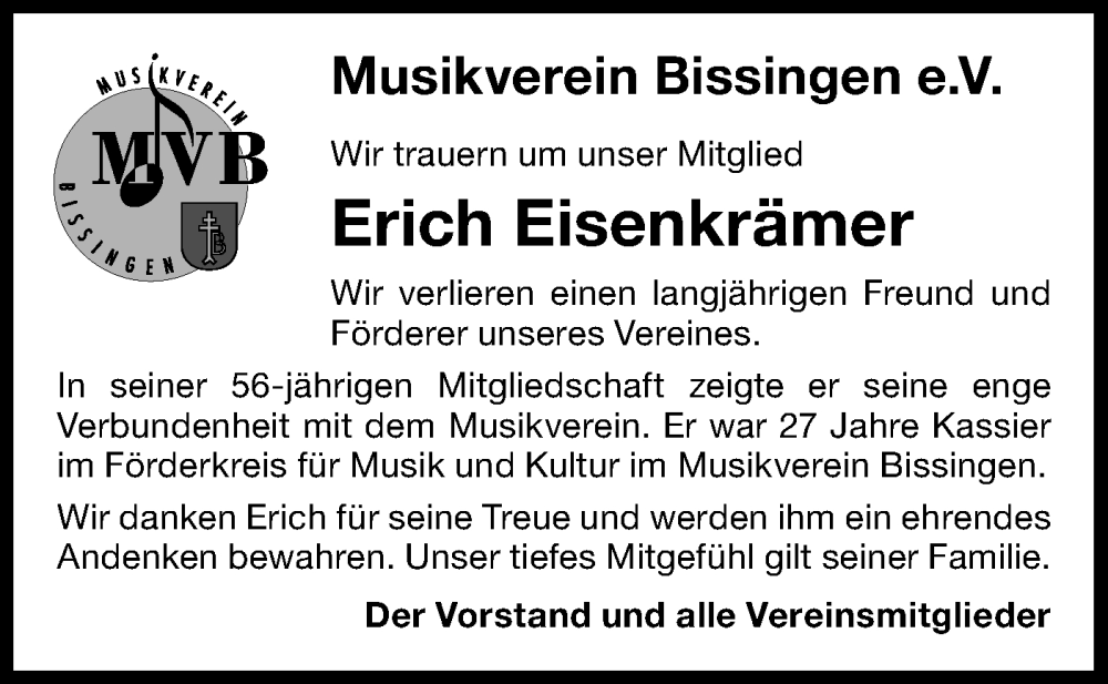  Traueranzeige für Erich Eisenkrämer vom 04.11.2025 aus Bietigheimer Zeitung