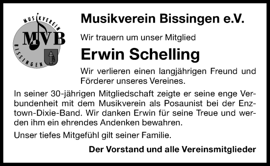Traueranzeige von Erwin Schelling von Bietigheimer Zeitung