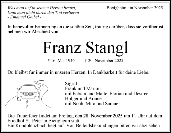 Traueranzeige von Franz Stangl von Bietigheimer Zeitung