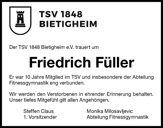 Traueranzeige von Friedrich Füller von Bietigheimer Zeitung