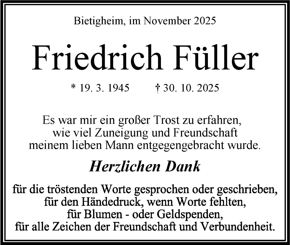  Traueranzeige für Friedrich Füller vom 22.11.2025 aus Bietigheimer Zeitung
