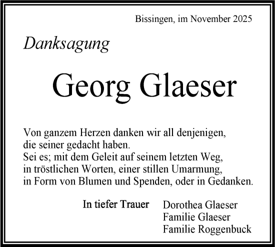 Traueranzeige von Georg Glaeser von Bietigheimer Zeitung