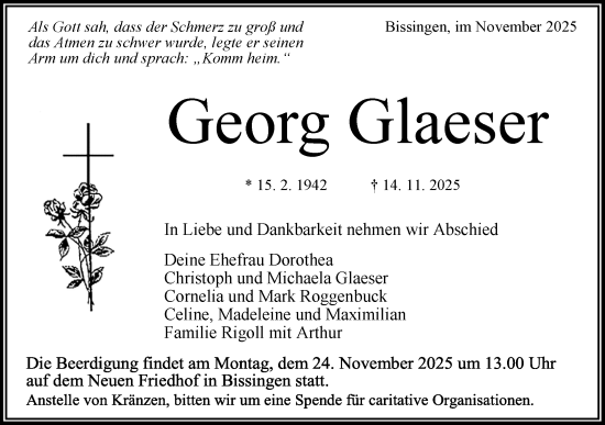 Traueranzeige von Georg Glaeser von Bietigheimer Zeitung