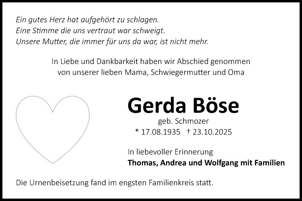  Traueranzeige für Gerda Böse vom 22.11.2025 aus Bietigheimer Zeitung