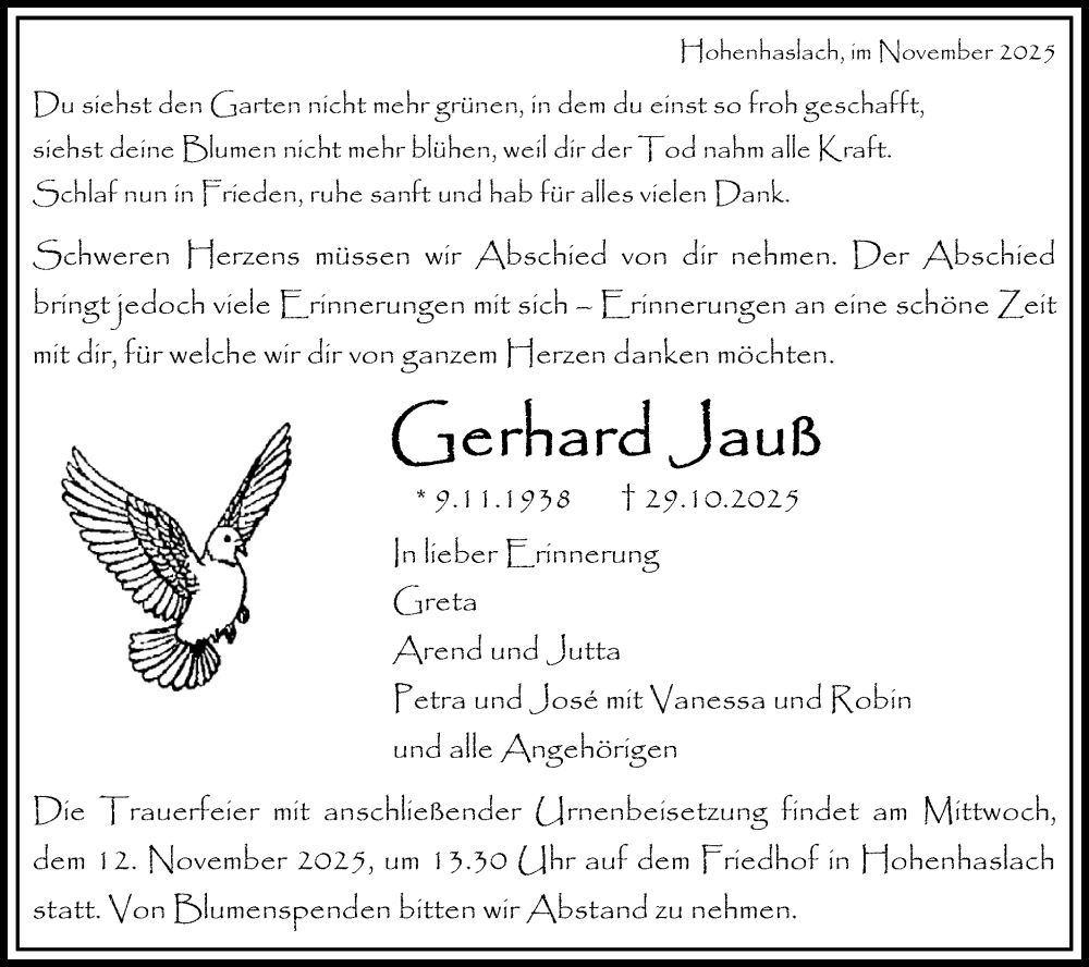  Traueranzeige für Gerhard Jaup vom 08.11.2025 aus Bietigheimer Zeitung