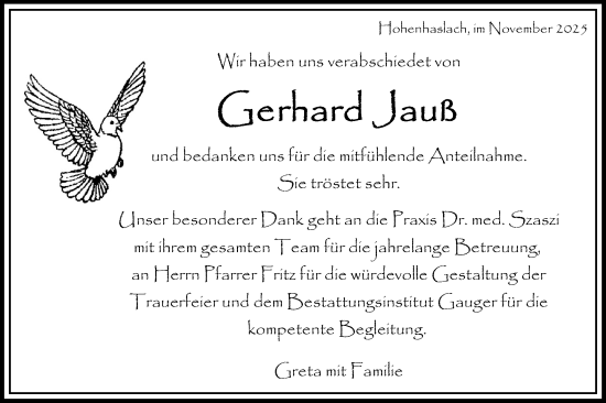 Traueranzeige von Gerhard Jauß von Bietigheimer Zeitung