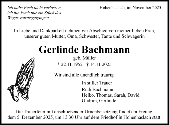 Traueranzeige von Gerlinde Bachmann von Bietigheimer Zeitung
