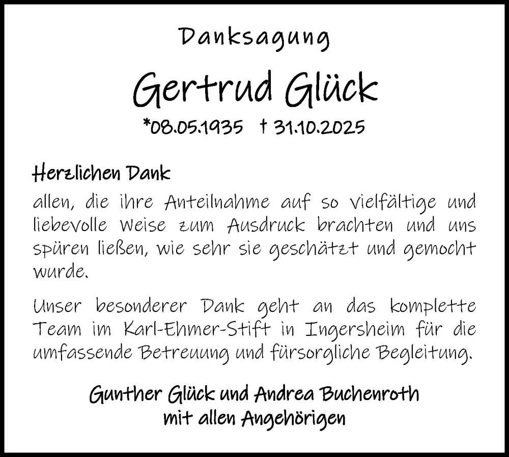 Traueranzeige für Gertrud Glück vom 19.11.2025 aus Bietigheimer Zeitung