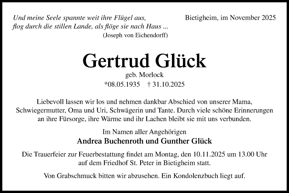  Traueranzeige für Gertrud Glück vom 06.11.2025 aus Bietigheimer Zeitung