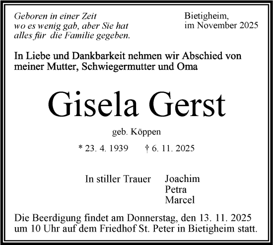Traueranzeige von Gisela Gerst von Bietigheimer Zeitung