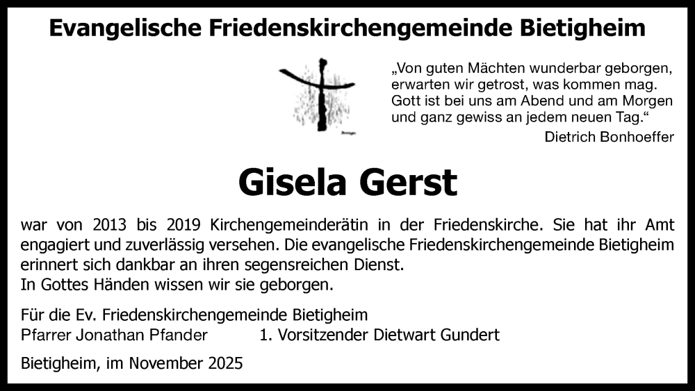  Traueranzeige für Gisela Gerst vom 12.11.2025 aus Bietigheimer Zeitung