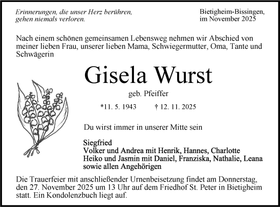 Traueranzeige von Gisela Wurst von Bietigheimer Zeitung
