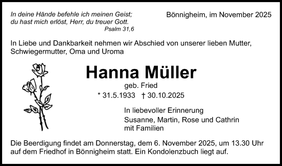 Traueranzeige von Hanna Müller von Bietigheimer Zeitung