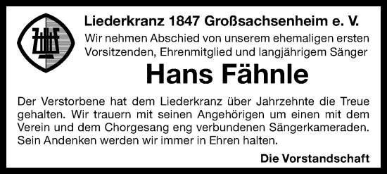 Traueranzeige von Hans Fähnle von Bietigheimer Zeitung