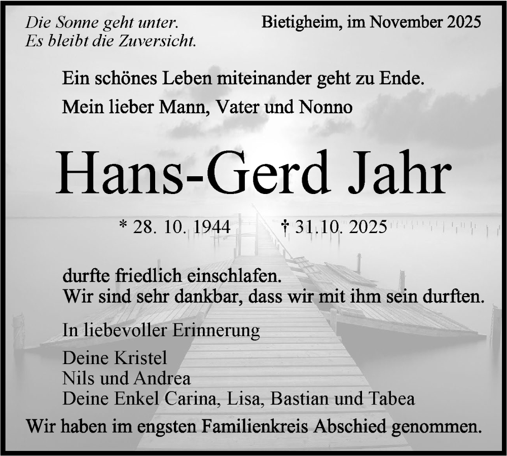  Traueranzeige für Hans-Gerd Jahr vom 15.11.2025 aus Bietigheimer Zeitung
