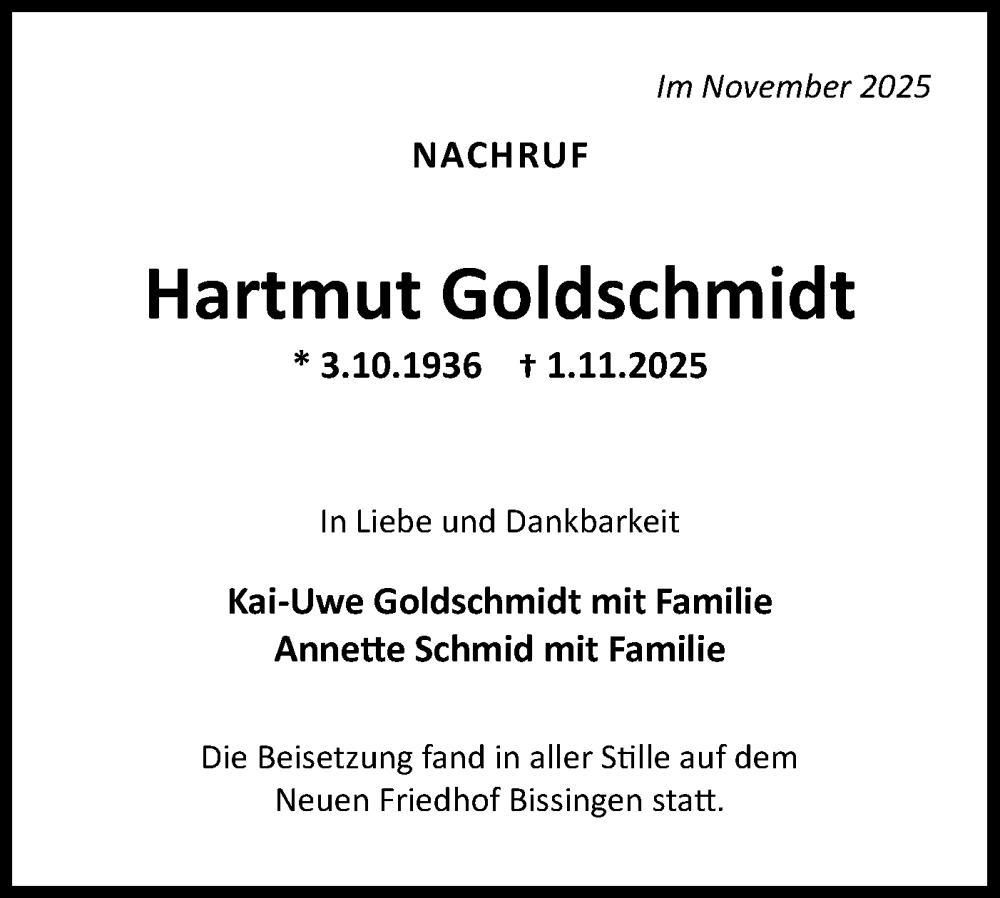  Traueranzeige für Hartmut Goldschmidt vom 20.11.2025 aus Bietigheimer Zeitung