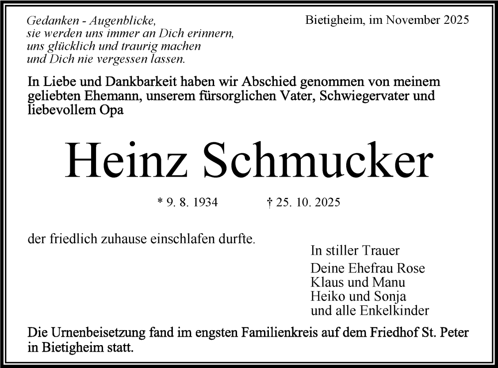  Traueranzeige für Heinz Schmucker vom 15.11.2025 aus Bietigheimer Zeitung