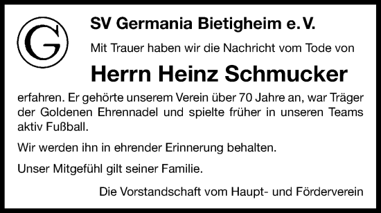 Traueranzeige von Heinz Schmucker von Bietigheimer Zeitung