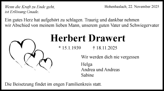 Traueranzeige von Herbert Drawert von Bietigheimer Zeitung