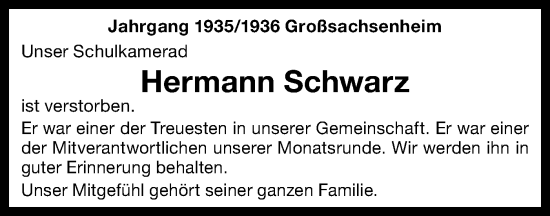 Traueranzeige von Hermann Schwarz von Bietigheimer Zeitung