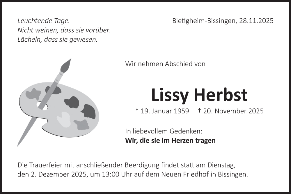  Traueranzeige für Lissy Herbst vom 28.11.2025 aus Bietigheimer Zeitung