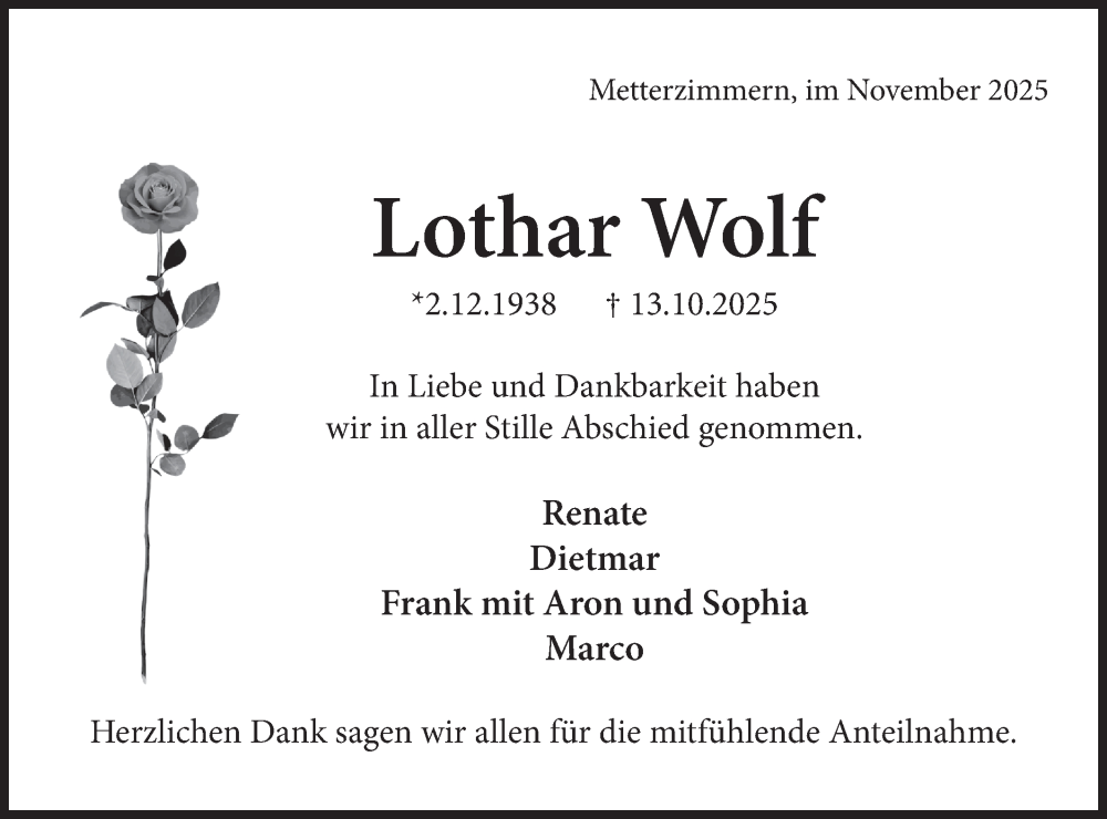  Traueranzeige für Lothar Wolf vom 22.11.2025 aus Bietigheimer Zeitung