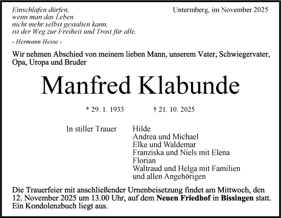 Traueranzeige von Manfred Klabunde von Bietigheimer Zeitung