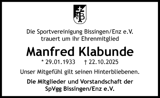 Traueranzeige von Manfred Klabunde von Bietigheimer Zeitung