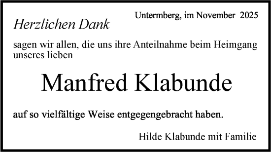 Traueranzeige von Manfred Klabunde von Bietigheimer Zeitung