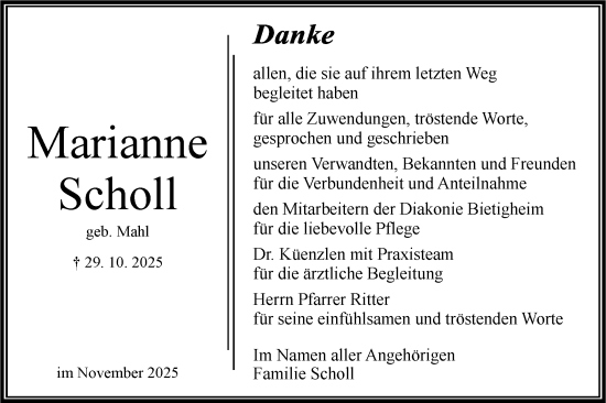 Traueranzeige von Marianne Scholl von Bietigheimer Zeitung