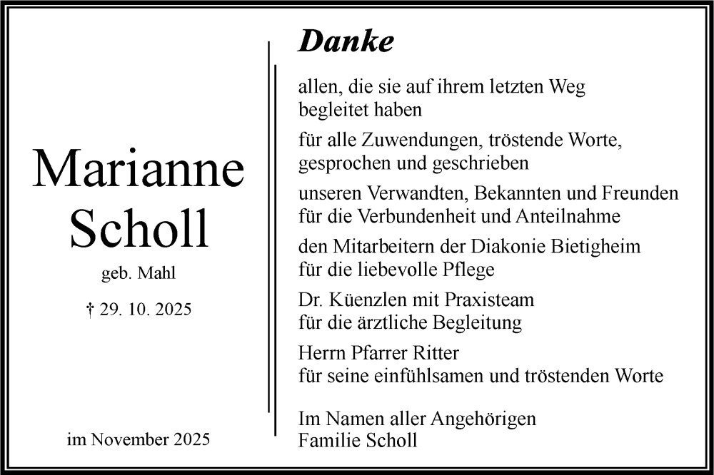  Traueranzeige für Marianne Scholl vom 20.11.2025 aus Bietigheimer Zeitung