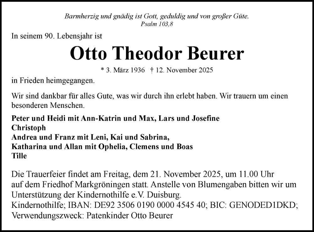  Traueranzeige für Otto Theodor Beurer vom 18.11.2025 aus Bietigheimer Zeitung