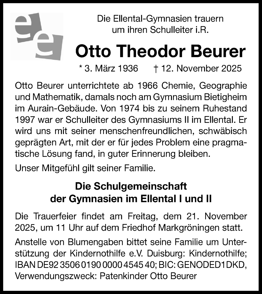 Traueranzeige für Otto Theodor Beurer vom 19.11.2025 aus Bietigheimer Zeitung