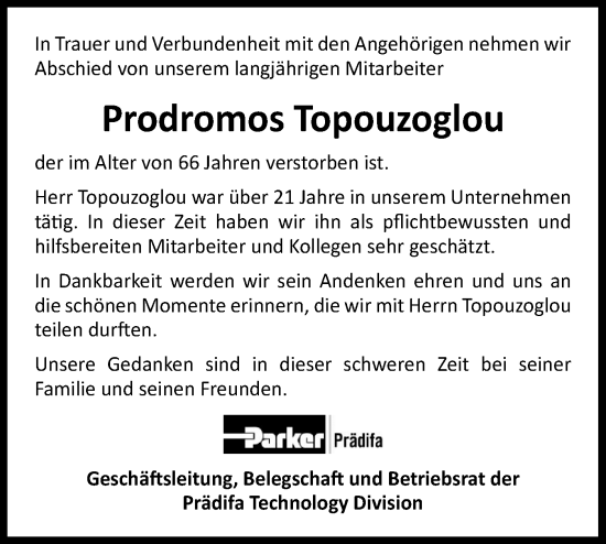 Traueranzeige von Prodromos Topouzoglou von Bietigheimer Zeitung