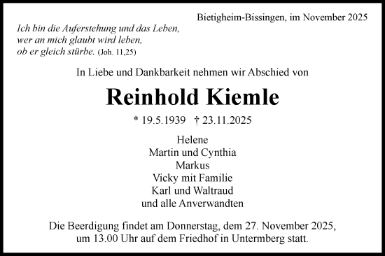 Traueranzeige von Reinhold Kiemle von Bietigheimer Zeitung