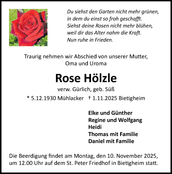 Traueranzeige von Rose Hölzle von Bietigheimer Zeitung