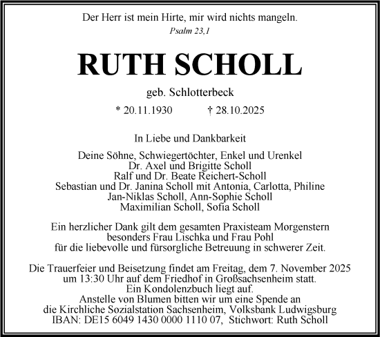 Traueranzeige von Ruth Scholl von Bietigheimer Zeitung