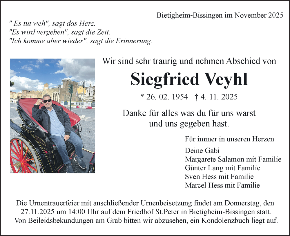  Traueranzeige für Siegfried Veyhl vom 22.11.2025 aus Bietigheimer Zeitung