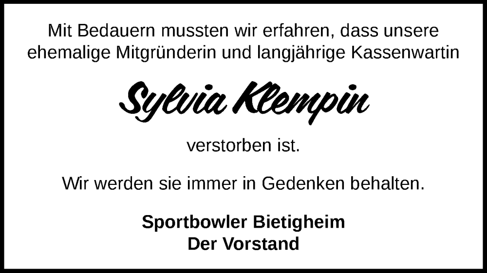  Traueranzeige für Sylvia Klempin vom 21.11.2025 aus Bietigheimer Zeitung