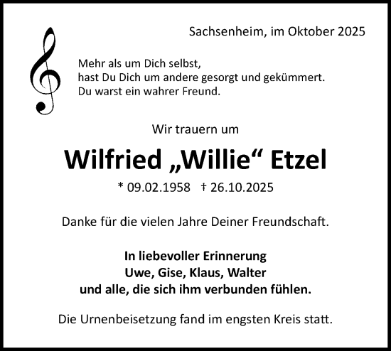 Traueranzeige von Wilfried Etzel von Bietigheimer Zeitung