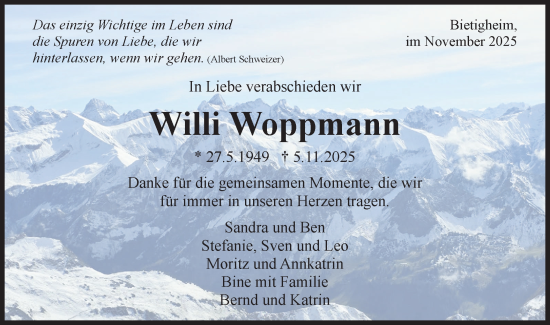 Traueranzeige von Willi Woppmann von Bietigheimer Zeitung
